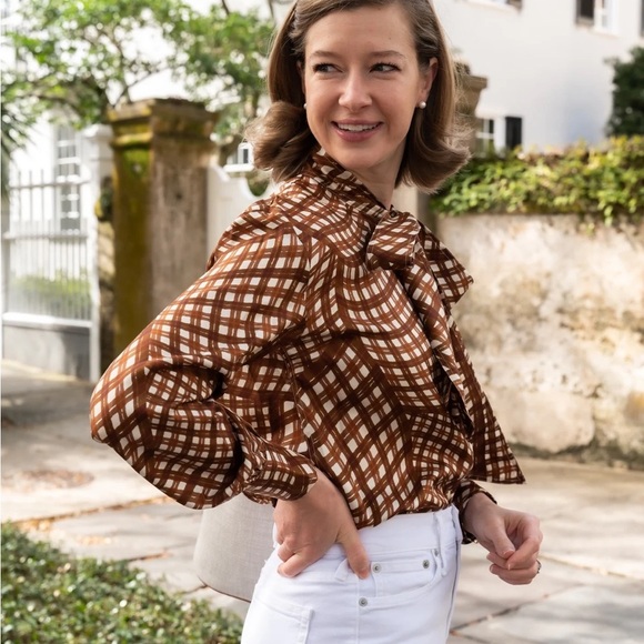 Tory Burch Abstract Gingham Check Pattern Silk Tie Blouse New Size 4 - Picture 2 of 13